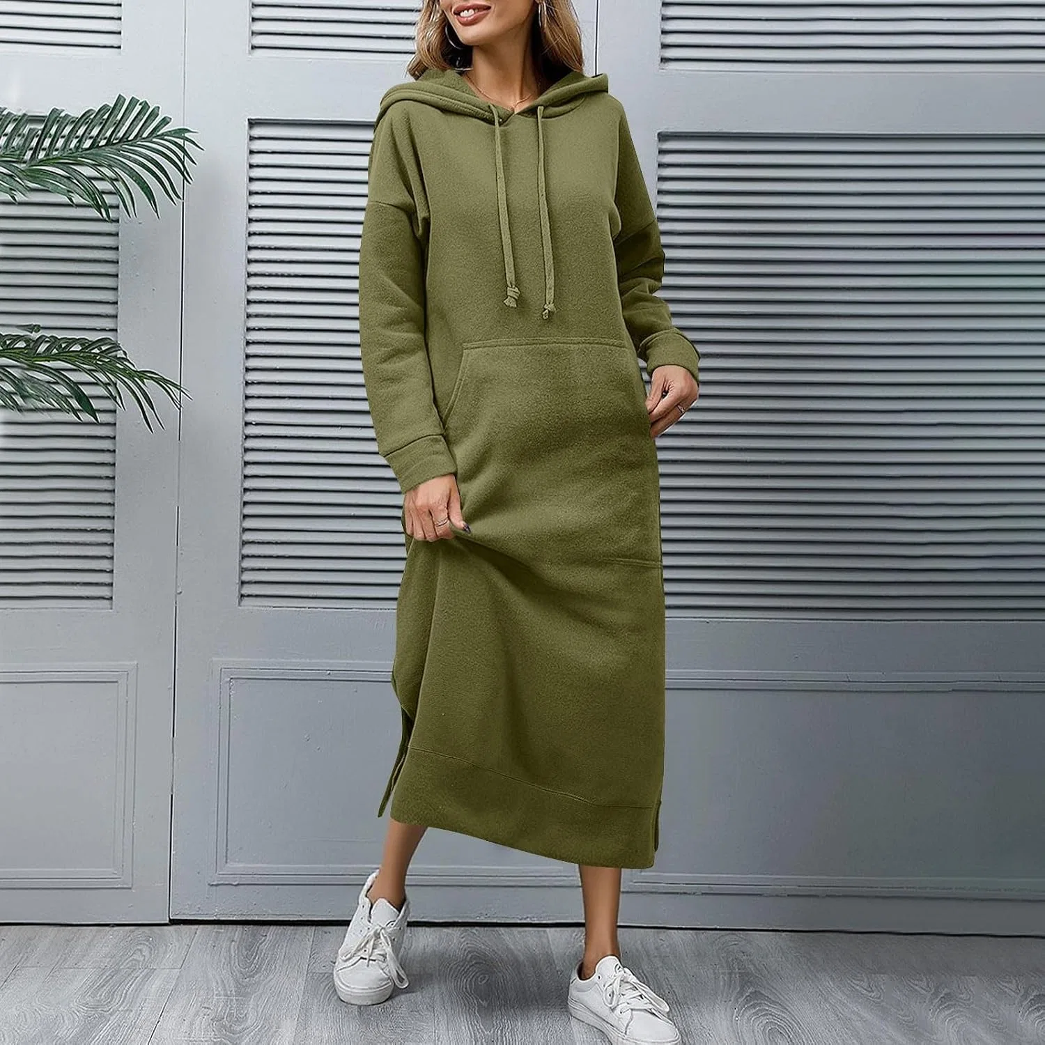 Женское худи-макси платье свободного кроя с карманом кенгуру, Army Green — фото 2