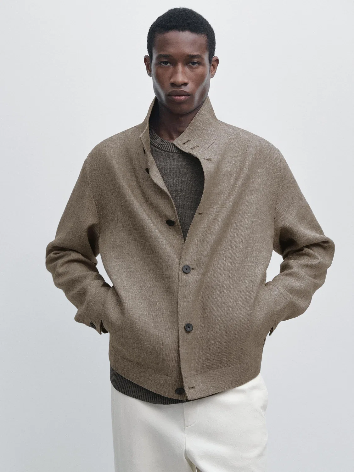 Бомбер из смесовой льняной ткани с воротником Massimo Dutti, бежевый меланж — фото 2