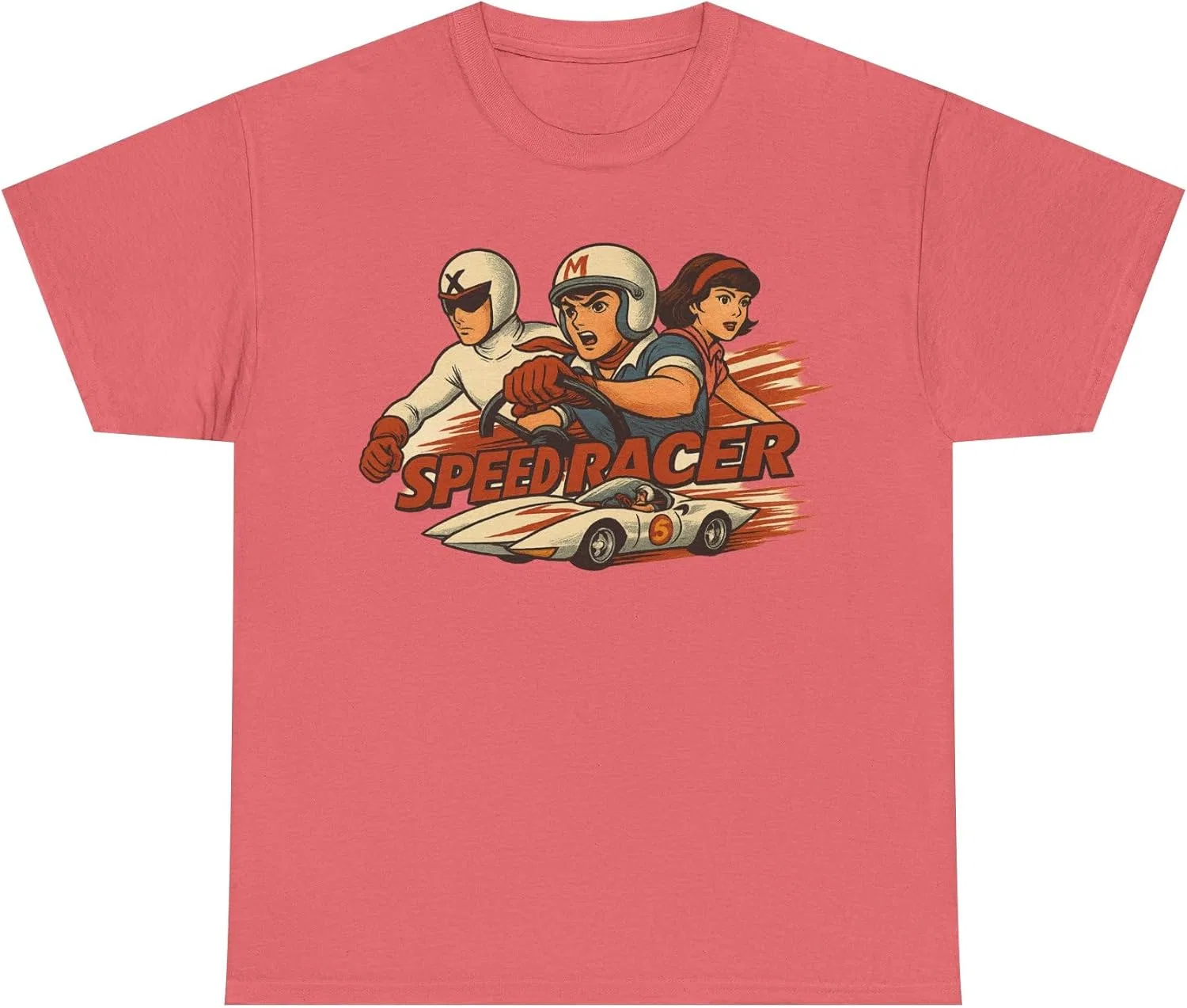 Женская футболка с принтом Retro Anime Inspired Speed Racer, Coral Silk