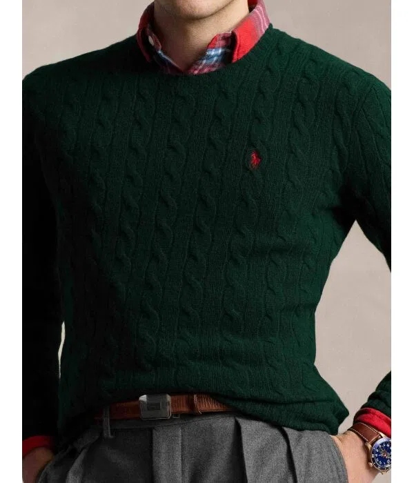Мужской пуловер из шерсти с кашемиром Slim Fit Polo Ralph Lauren, зеленый — фото 4