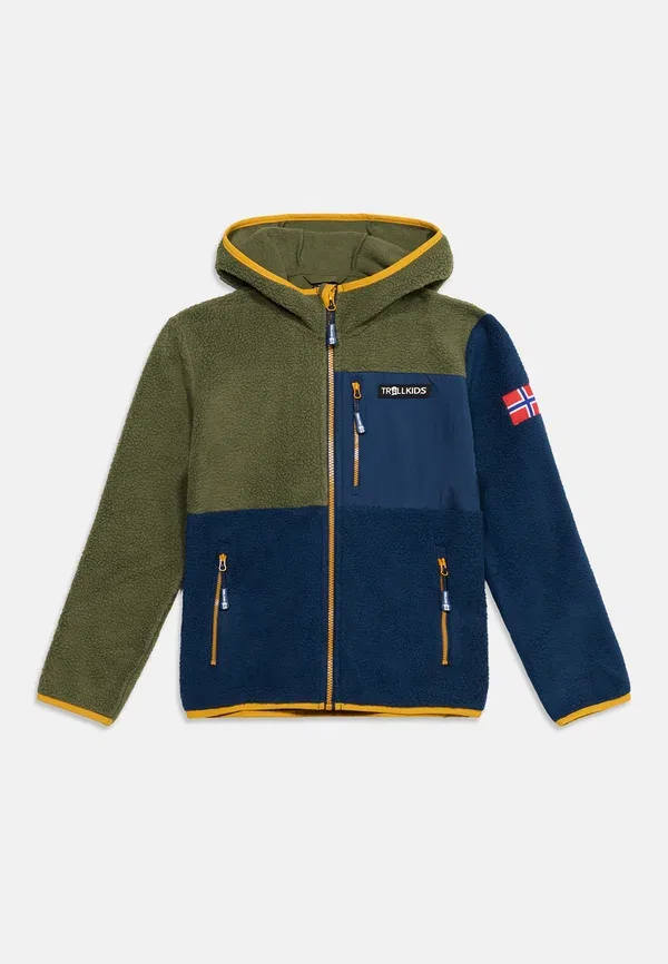 Флисовая куртка с капюшоном Aurlandsfjord Trollkids, moss/mystic blue/golden yellow, синий/желтый