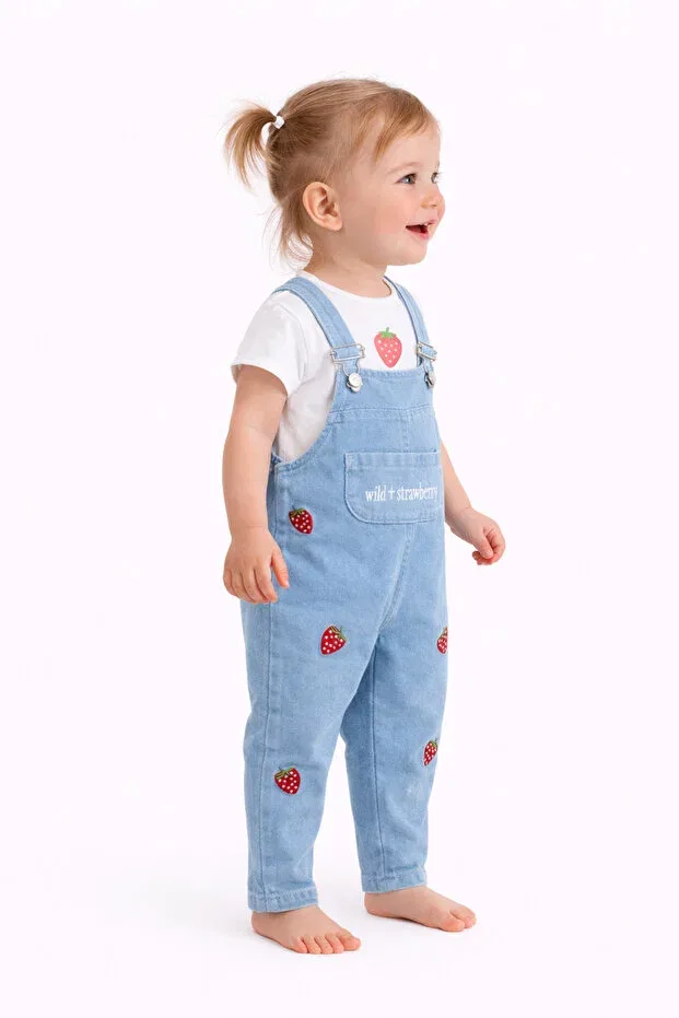 Детский комбинезон для девочек джинсовый Strawberry Baby Girl Salopet 2-Piece Set More Kids, Blue — фото 2