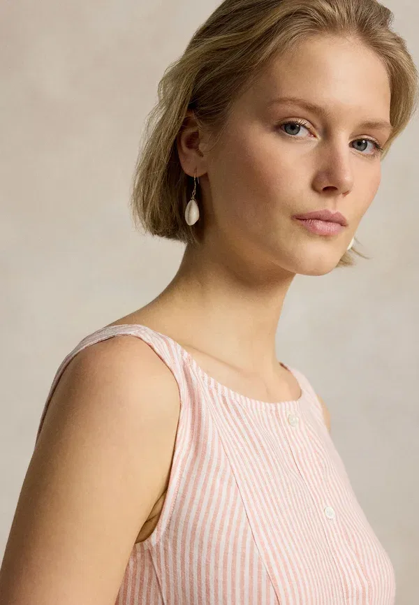Платье рубашка из льна, полосатое, Striped paneled linen dress - shirt dress, Polo Ralph Lauren, mauve white, белый/сиреневый — фото 4