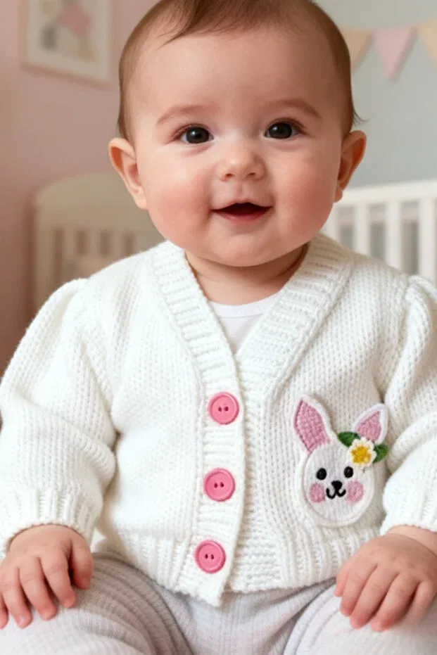 Детский кардиган для девочек вязаный с аппликацией Hand knitted baby cardigan with amigurumi rabbit for newborn baby girl Lunivellart, White — фото 3