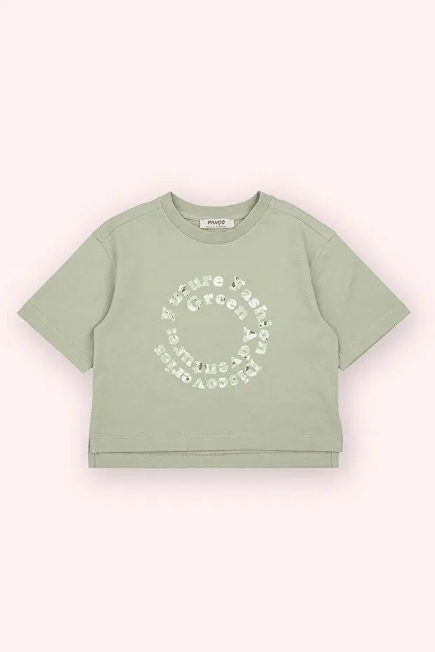 Детская футболка для девочек с принтом Short Sleeve Printed Khaki T-Shirt with Slit Detail Panço, 040-Khaki