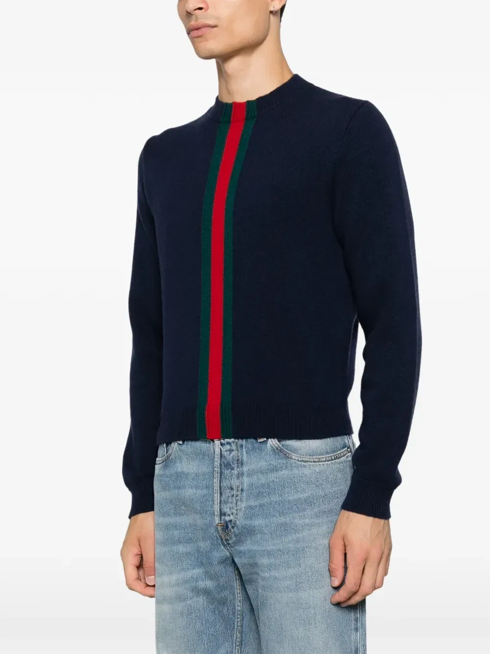 Тонкий вязаный свитер с полосками Web GUCCI, синий — фото 3