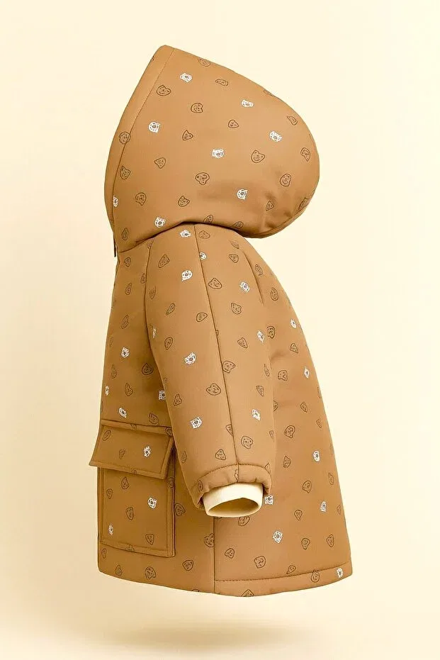 Детское зимнее пальто для девочек с принтом Cute bear printed plush fur inside zippered pocket hooded baby-child winter coat-jacket Dekubaby, Brown — фото 2