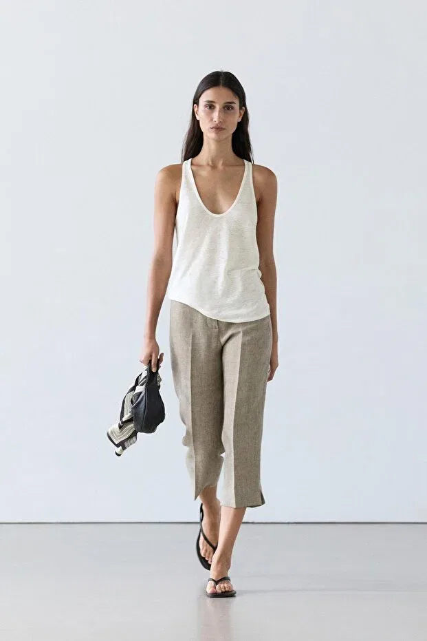 Женский топ на бретелях льняной Massimo Dutti, Broken White