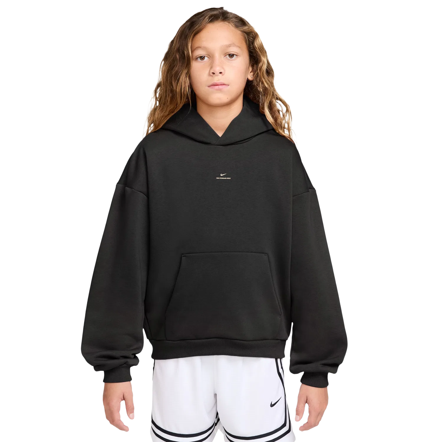 Детское худи для мальчиков с капюшоном из футера Nike Brush Fleece Pullover, Black/Beige — фото 4