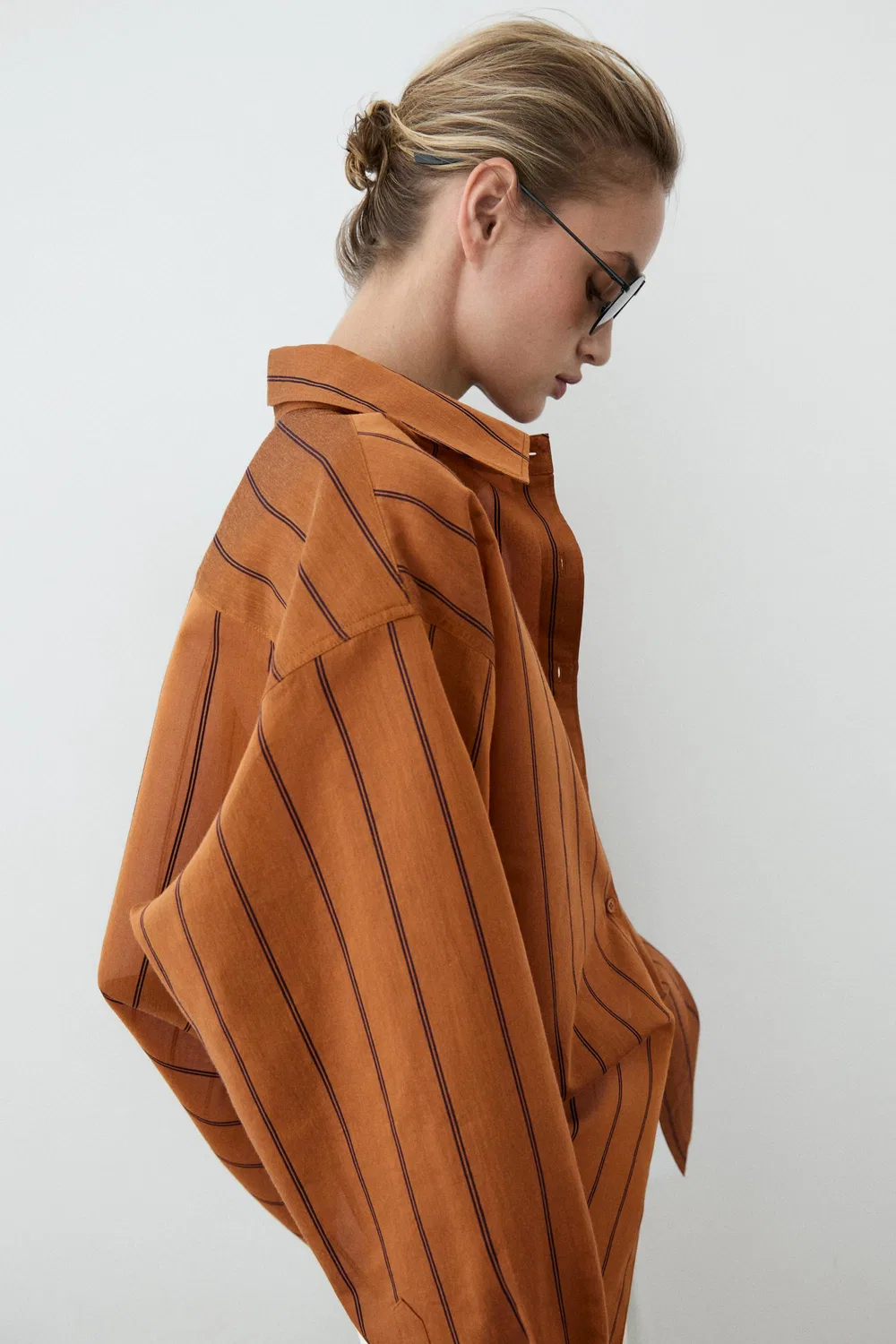 Рубашка Massimo Dutti, полосатая из смеси хлопка и шелка, оранжевая — фото 4