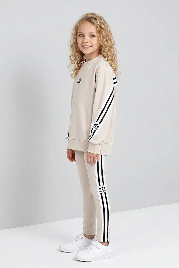Детский спортивный комплект для девочек с принтом Striped Detail Piece Casual Black One, Stone — фото 4