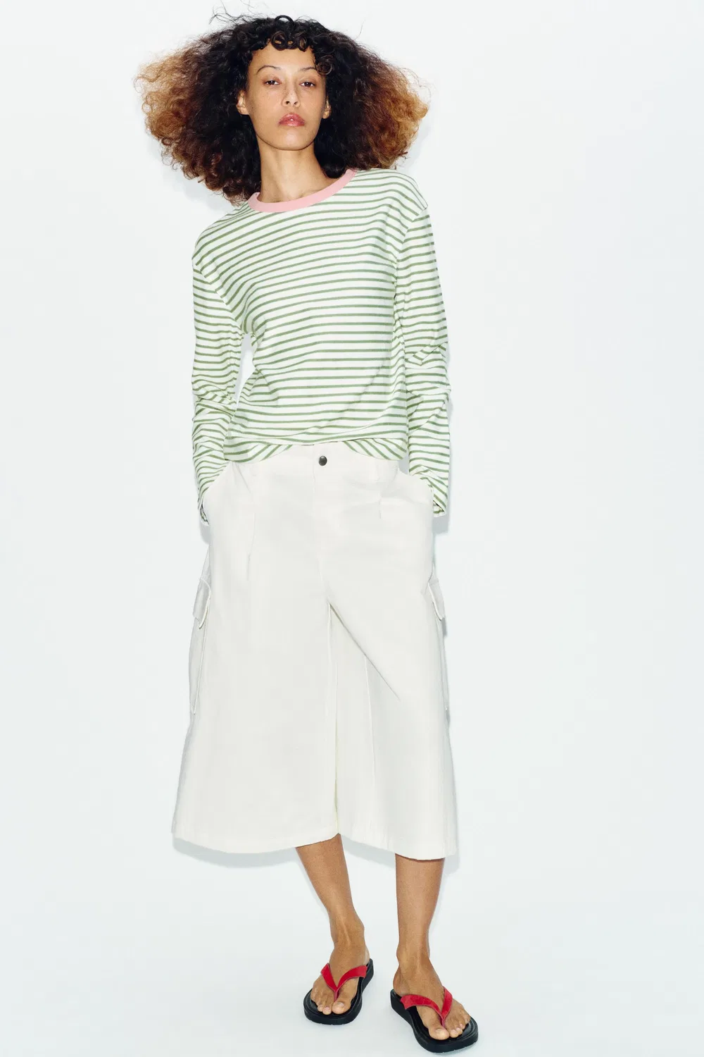 Полосатая футболка с длинными рукавами ZARA, Green Stripe