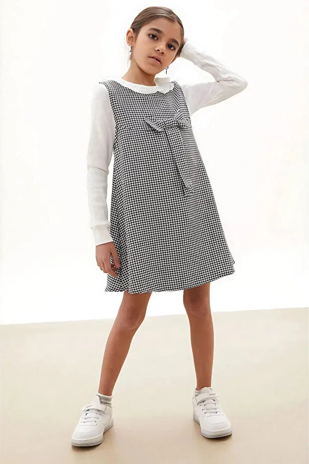Детское платье для девочек хлопковое Festive Black Houndstooth Patterned Girl's Badi Dress with Bow Mevsim Butik, White — фото 3