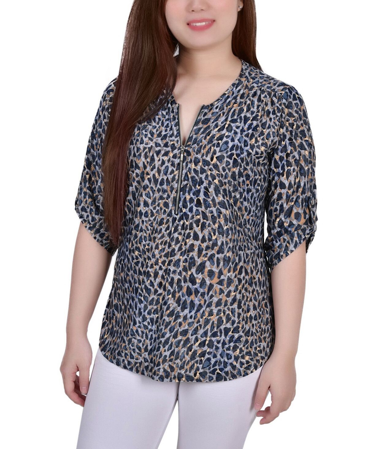 

Жаккардовый вязаный топ petite со свернутыми язычками 3/4 и застежкой-молнией спереди NY Collection, мульти