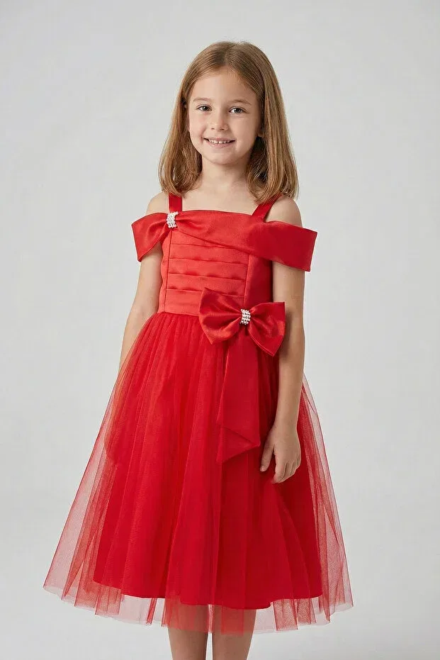 Детское вечернее платье для девочек с принтом, без рукавов, Girl'S Red Satin Tulle Detail Evening Dress With Bow At The Waist, Puffy Model, April 23 Graduation Evening Dress Fatella, Red — фото 3