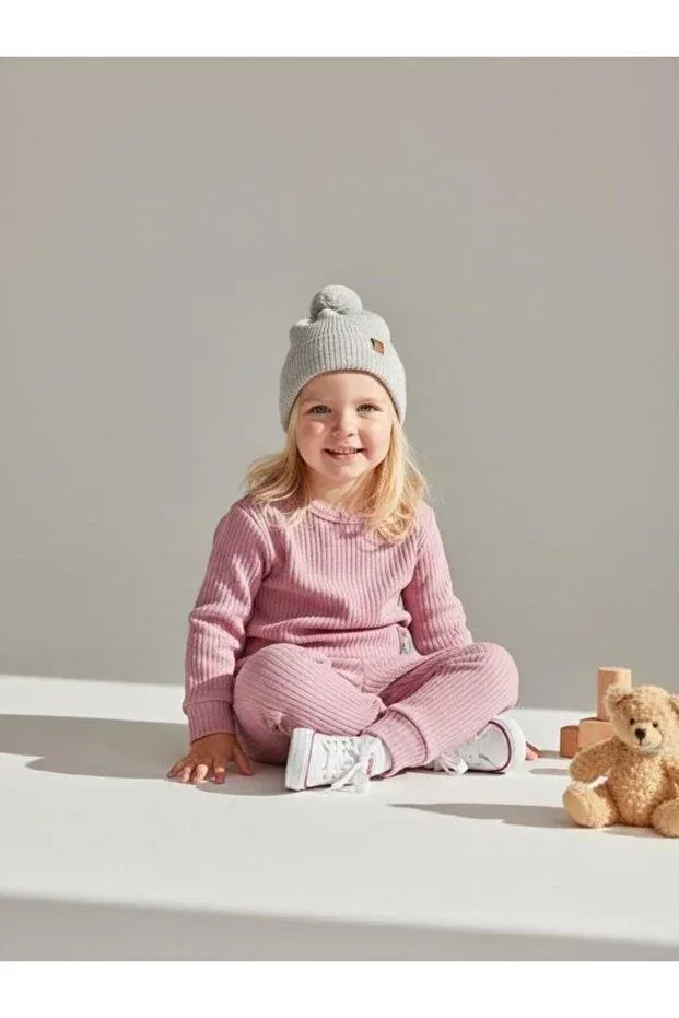 Детский комплект из хлопка с принтом Baby Girl Cotton Ribbed Tracksuit Set Zekids, Rose Dry — фото 4
