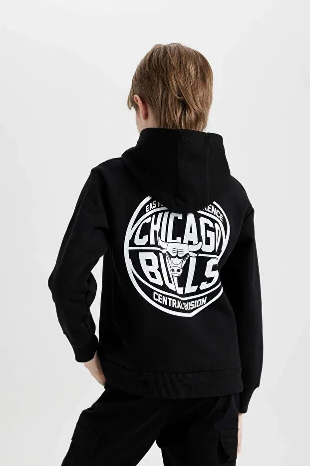 Детские свитшот с принтом для мальчиков NBA Chicago Bulls Oversize Wide Fit Hooded Back Printed Defacto, Black