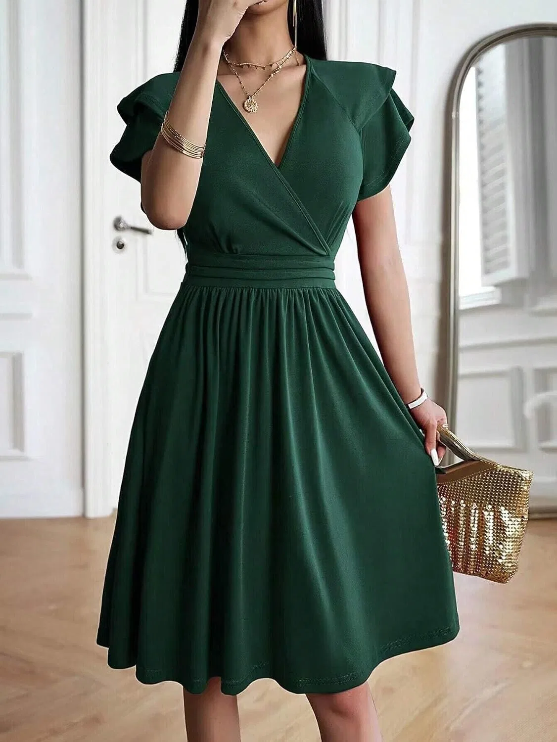 Женское элегантное платье с воланами и V-образным вырезом, Dark Green — фото 2
