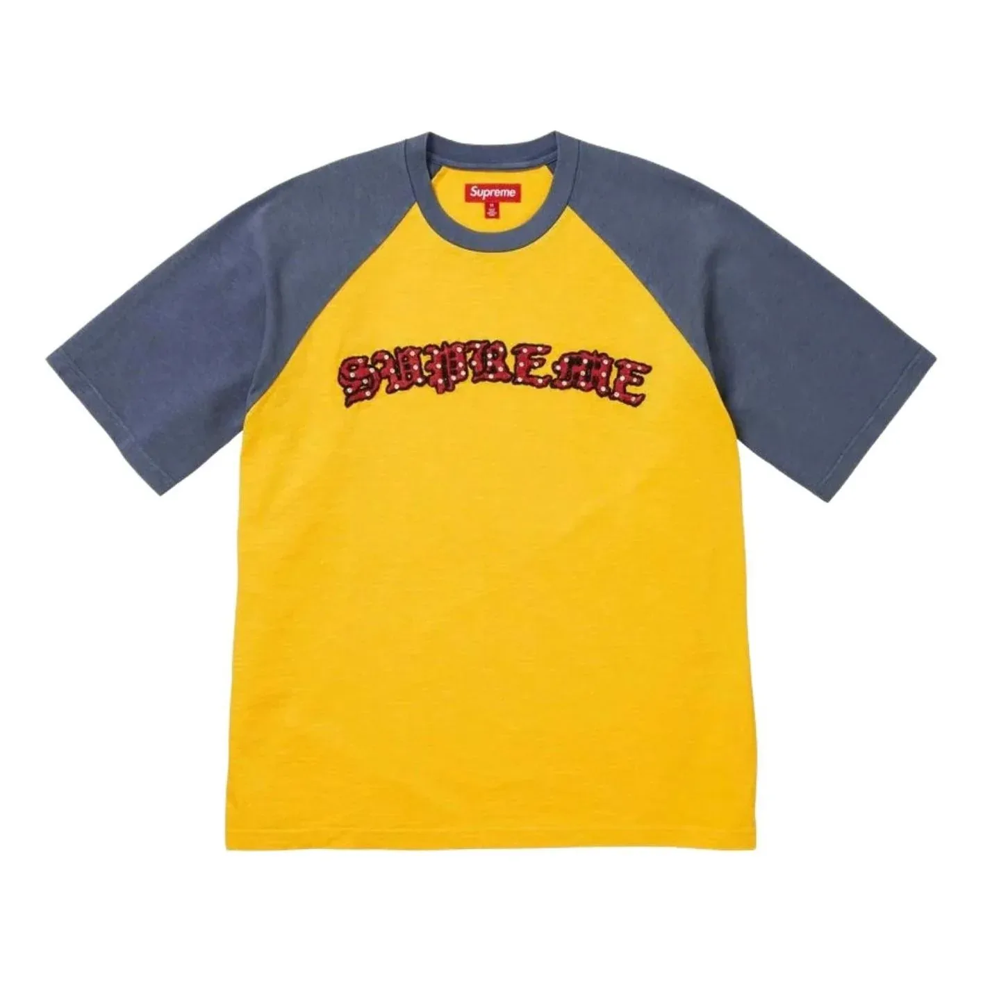 Футболка Supreme SS26 с рукавами реглан и стразами, золотистого цвета