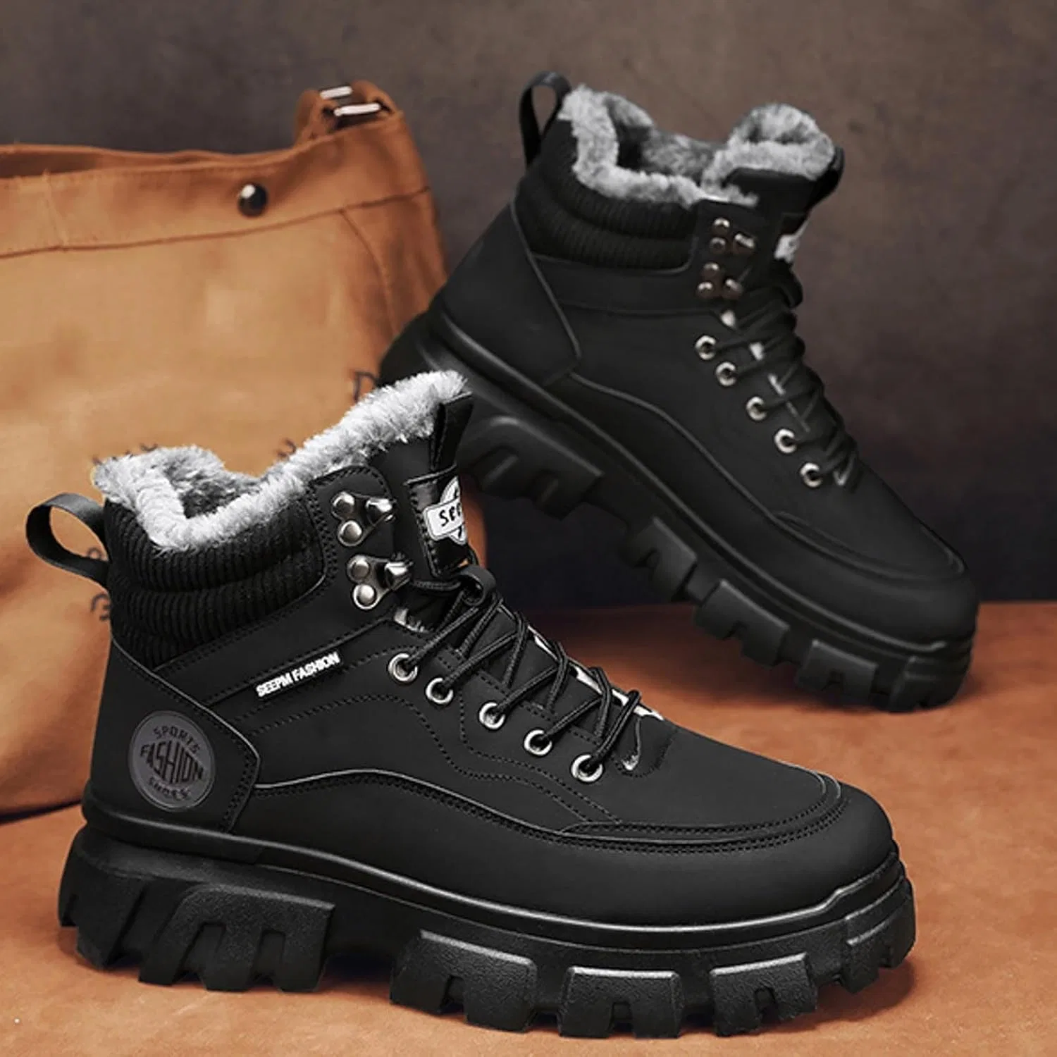 Ботинки Winter Wanderschuhe Damen Herren, Herren Winterstiefel einfarbigem Fleece mit Schnürung, warme Schneestiefel, lässiger Komfort Generic, Schwarz — фото 4