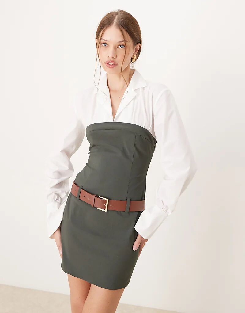 

2 в 1 мини-платье под рубашку с поясом в оливковом цвете ASOS DESIGN