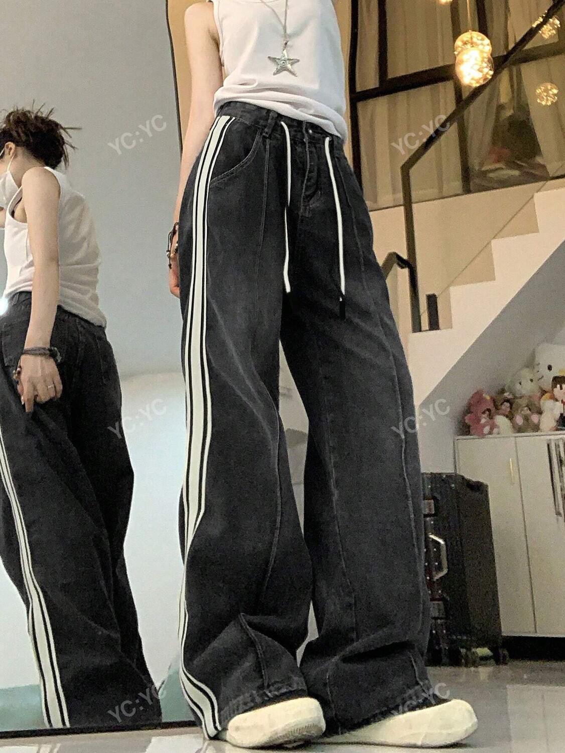 

Джинсы с завязкой на талии, полосатым узором, повседневный модный стиль для женщин, серый