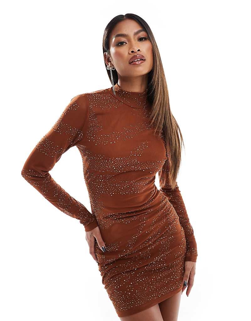 

ASOS DESIGN – коричневое мини-платье с длинными рукавами и декоративными стразами