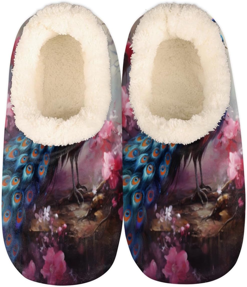 

Мягкие домашние тапочки для женщин и мужчин, с противоскользящей флисовой подкладкой и рисунком павлина, домашние тапочки для спальни с плюшевой подкладкой, красивые теплые тапочки с рисунком павлина Pardick, мультиколор