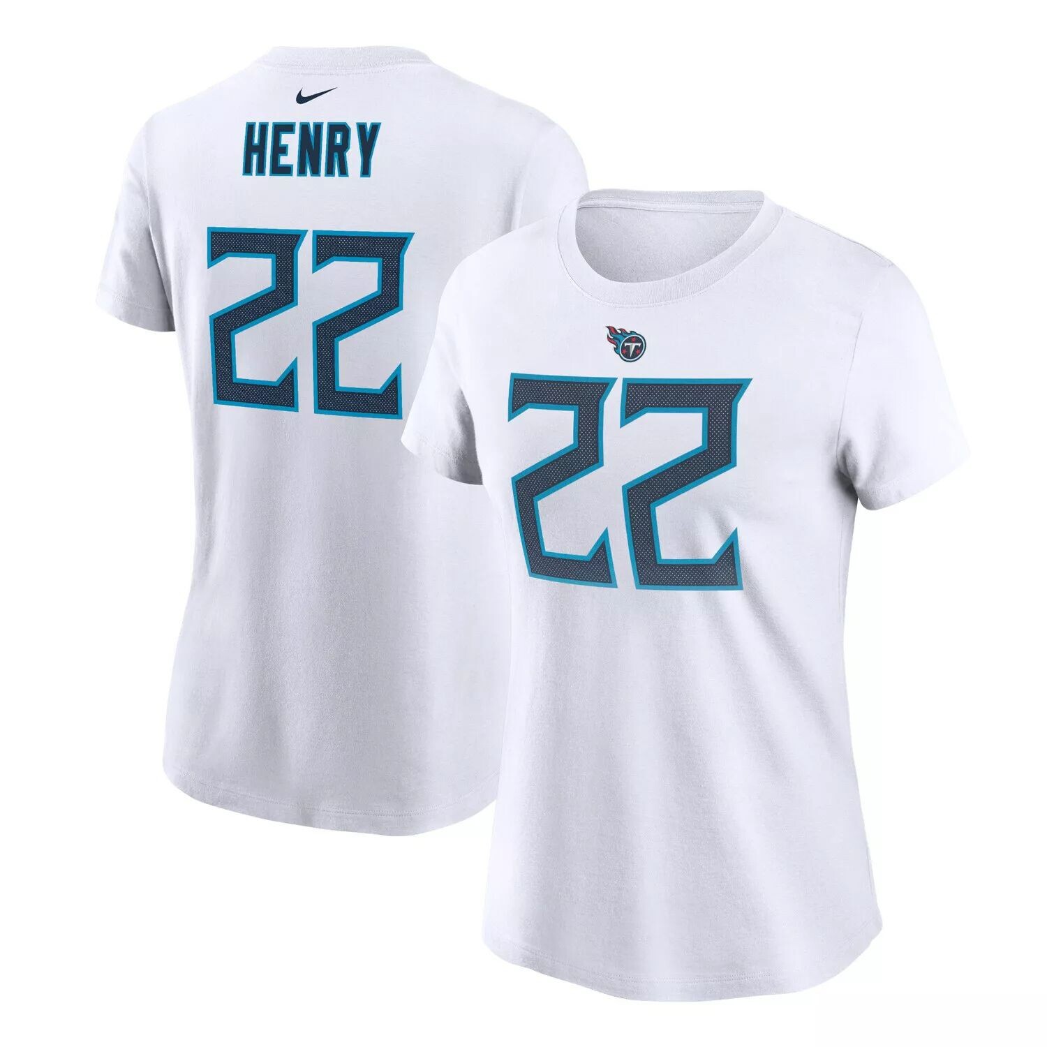 

Женская футболка Nike Derrick Henry White Tennessee Titans с именем и номером игрока Nike