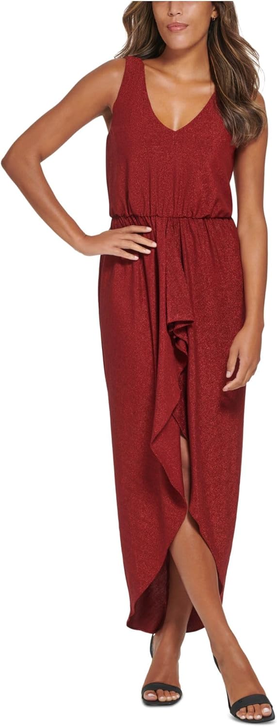 

Платье Calvin Klein с V-образным вырезом и блестками, трикотажное, с рюшами спереди, Red/Red