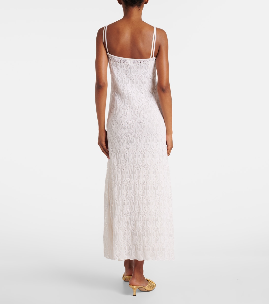 Длинное платье из хлопка и шелка с кружевом Fish Lace Bottega Veneta, Chalk — фото 3