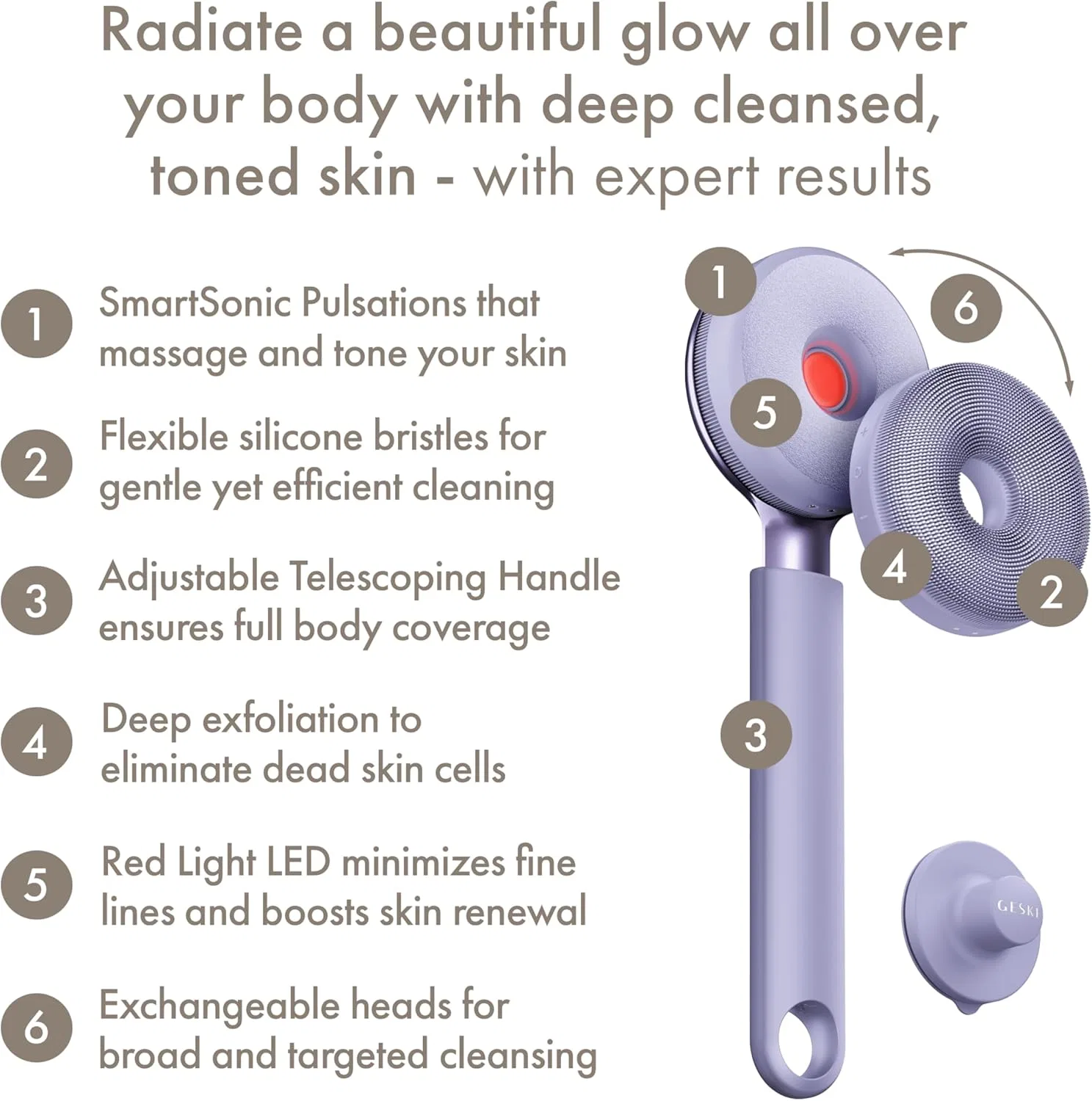 Электрическая щетка-эксфолиатор «Sonic LED Full Body Brush & Intensive Exfoliator» от GESKE Geske, Purple — фото 2