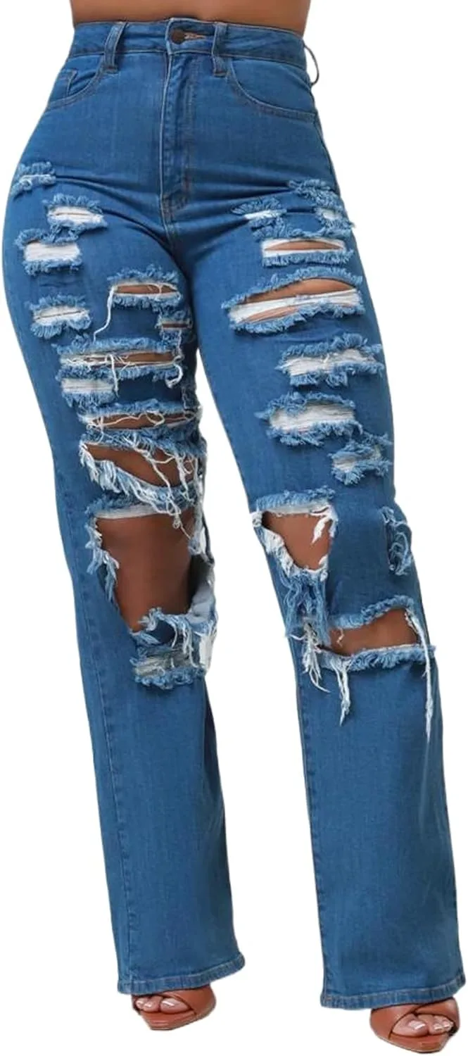 

HugeNice женские джинсы широкие casual mid rise stretchy straight leg
