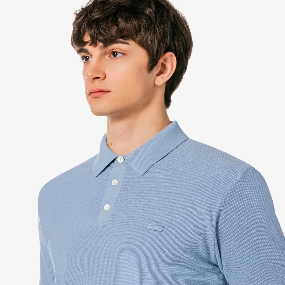 Мужская футболка-поло пике с коротким рукавом серо-голубая от Lacoste — фото 3