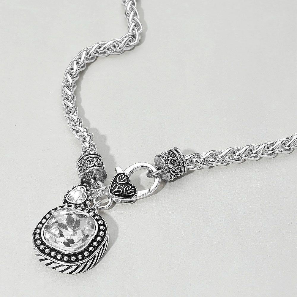 

Антикварное металлическое ожерелье с квадратным камнем и острым кулоном Fashnzfab, Antique Silver, Clear