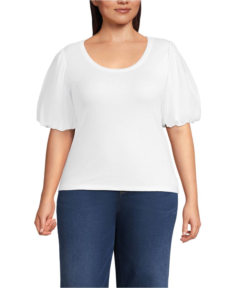 

Женская блузка больших размеров в рубчик с пышными рукавами и круглым вырезом Lands' End, White