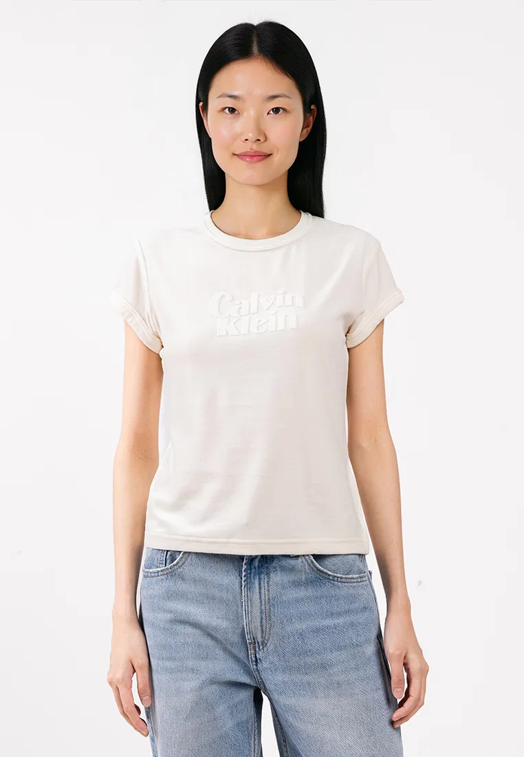 Футболка, слим, с тисненым логотипом, Calvin Klein Jeans, белый
