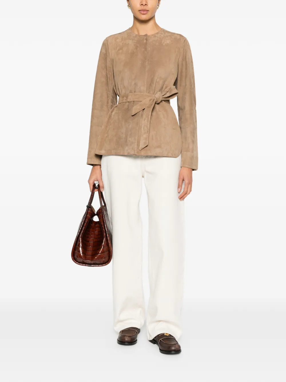 Замшевая кожаная куртка с поясом Max Mara, коричневый — фото 2
