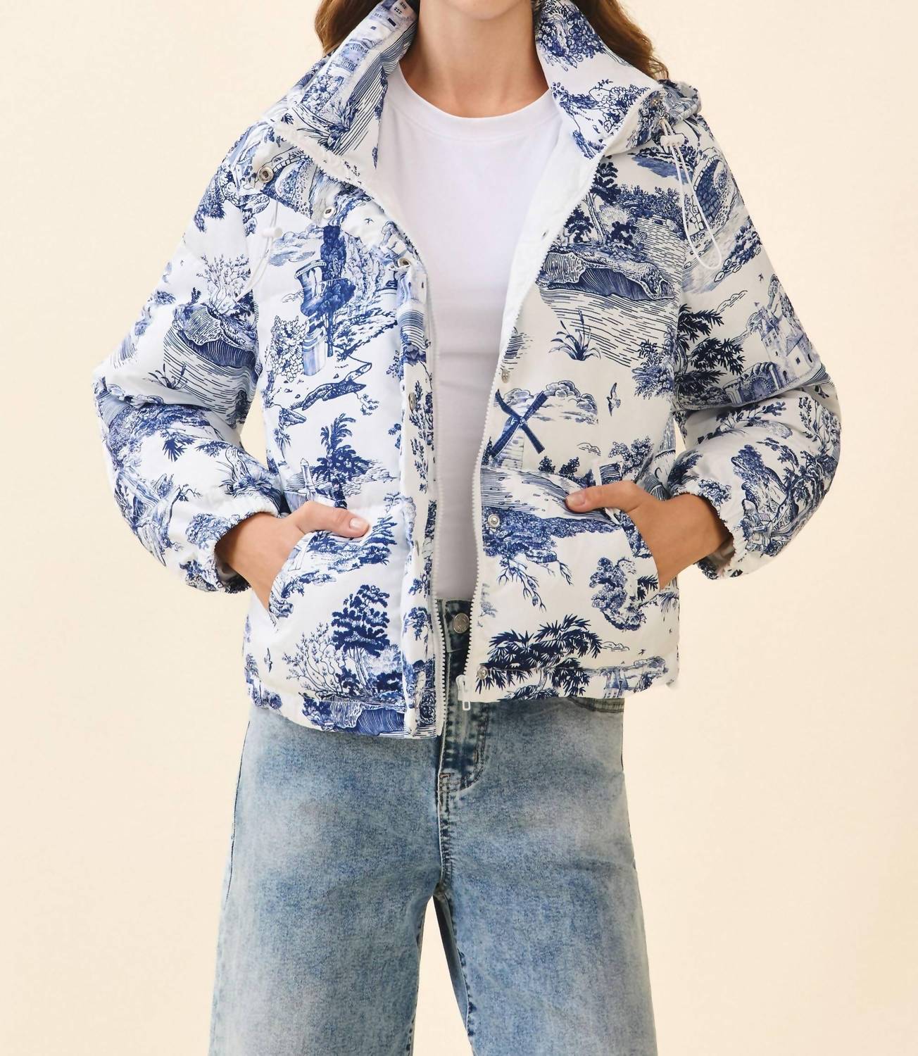 

Куртка-пуховик на молнии с античным принтом, темно-синего цвета Tcec, темно-синий