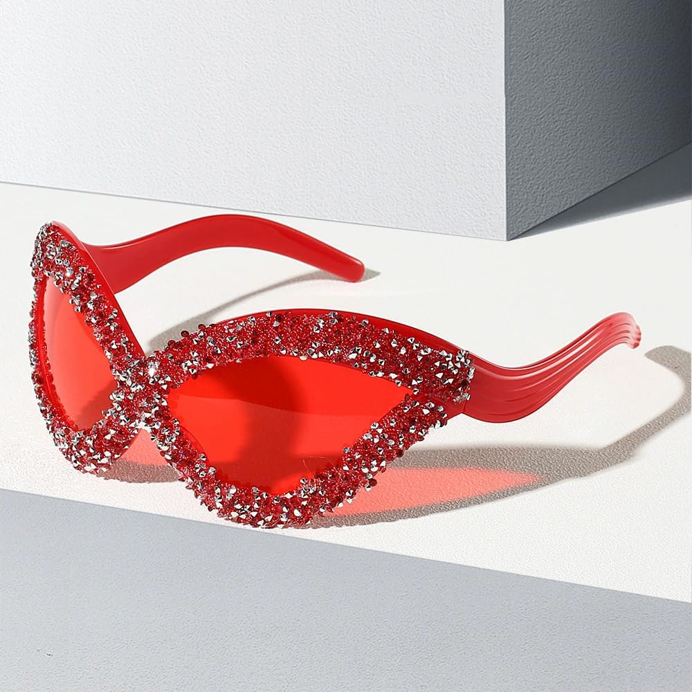 

Женские солнцезащитные очки «кошачий глаз» в модном стиле, украшенные стразами, большого размера, для вечеринок, фестивалей и отдыха на природе, с дизайном в виде губ bullabulling, Red