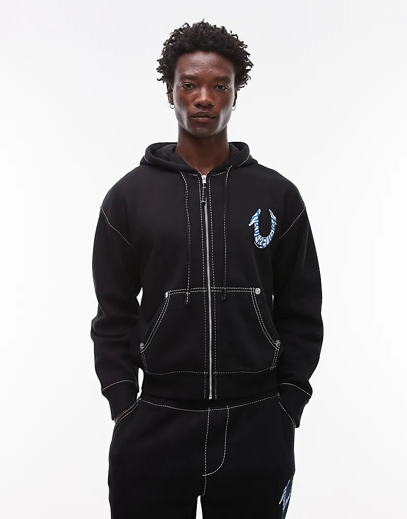 

Толстовка с капюшоном и логотипом True Religion на спине, черная, на молнии