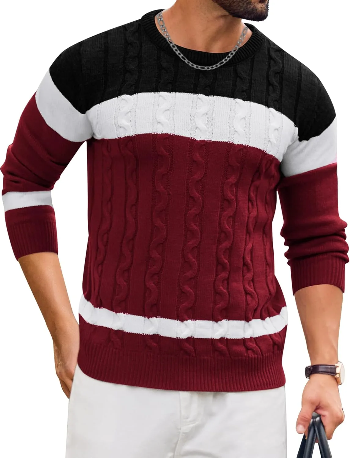 

LecGee мужской свитер с контрастными вставками и кабельной вязкой