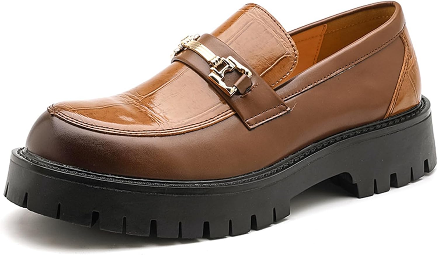 

Мужские ретро-лоферы с пряжкой в виде конской уздечки, кожаный принт, платформа, широкий круглый носок, винтажный протектор, толстая подошва, слипоны, деловые лоферы для работы, офиса, повседневной носки Bangteuo, коричневый