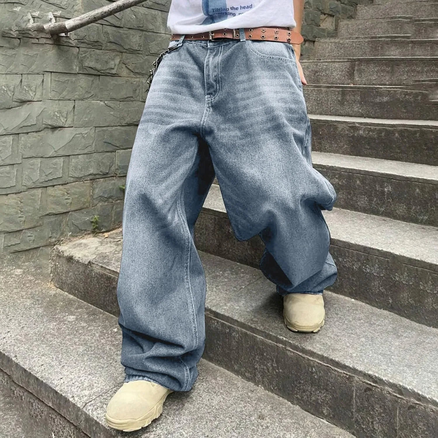Джинсы свободные Men's Wide Leg Jeans Light Blue — фото 4