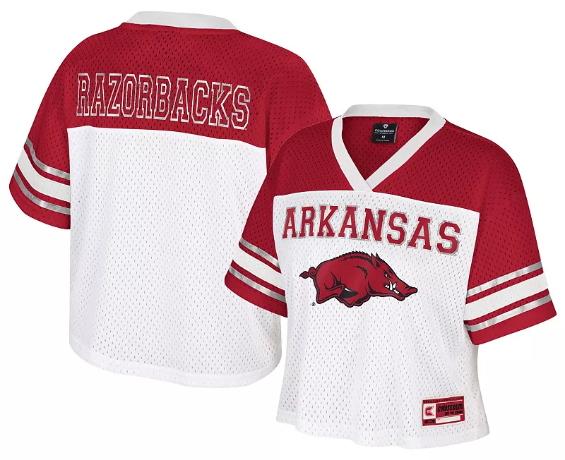 

Женская укороченная футбольная майка белого цвета Treasure Arkansas Razorbacks Colosseum
