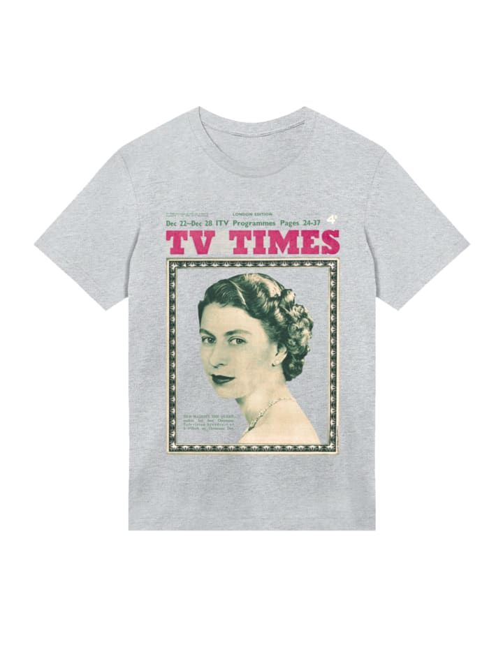 

Футболка TV Times с изображением королевы Елизаветы II 1957 года в серых крапинках F4NT4STIC