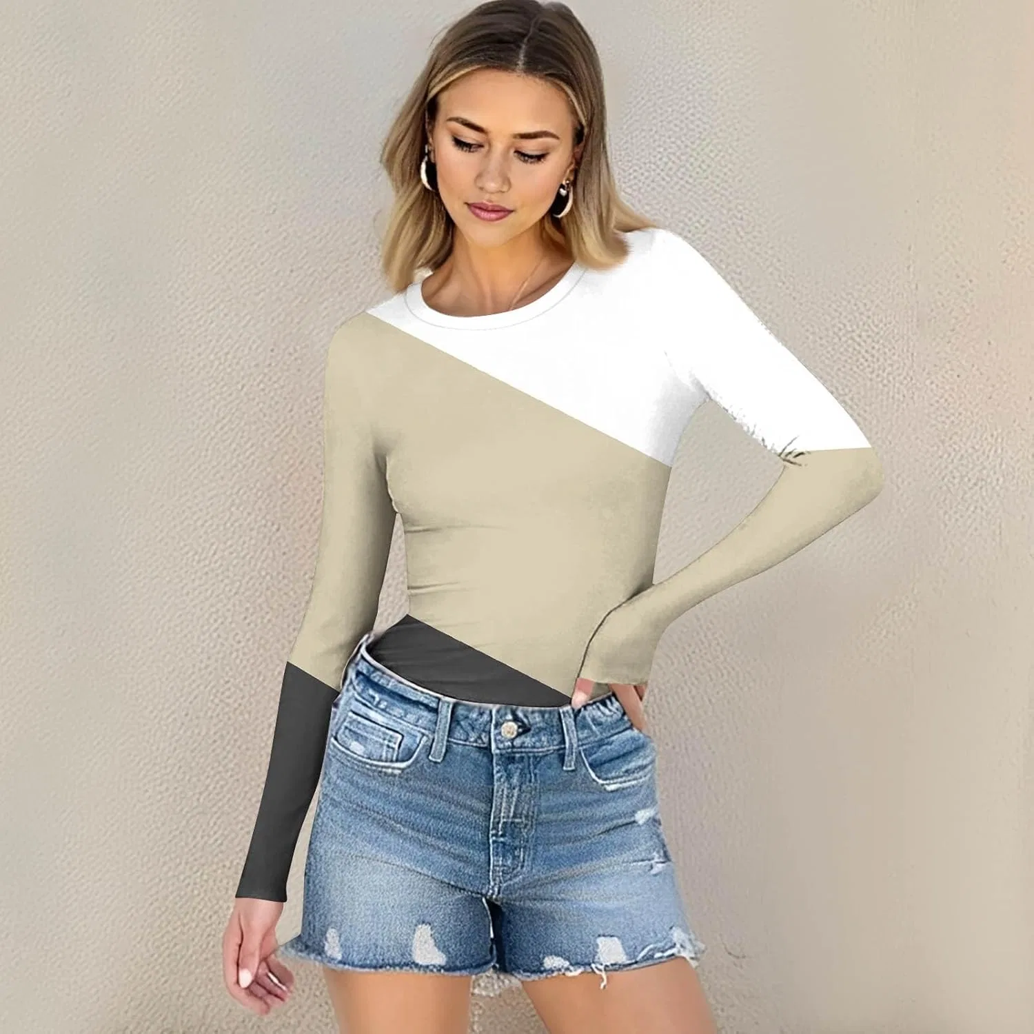 Женская футболка с длинным рукавом, в полоску, 4-khaki — фото 2