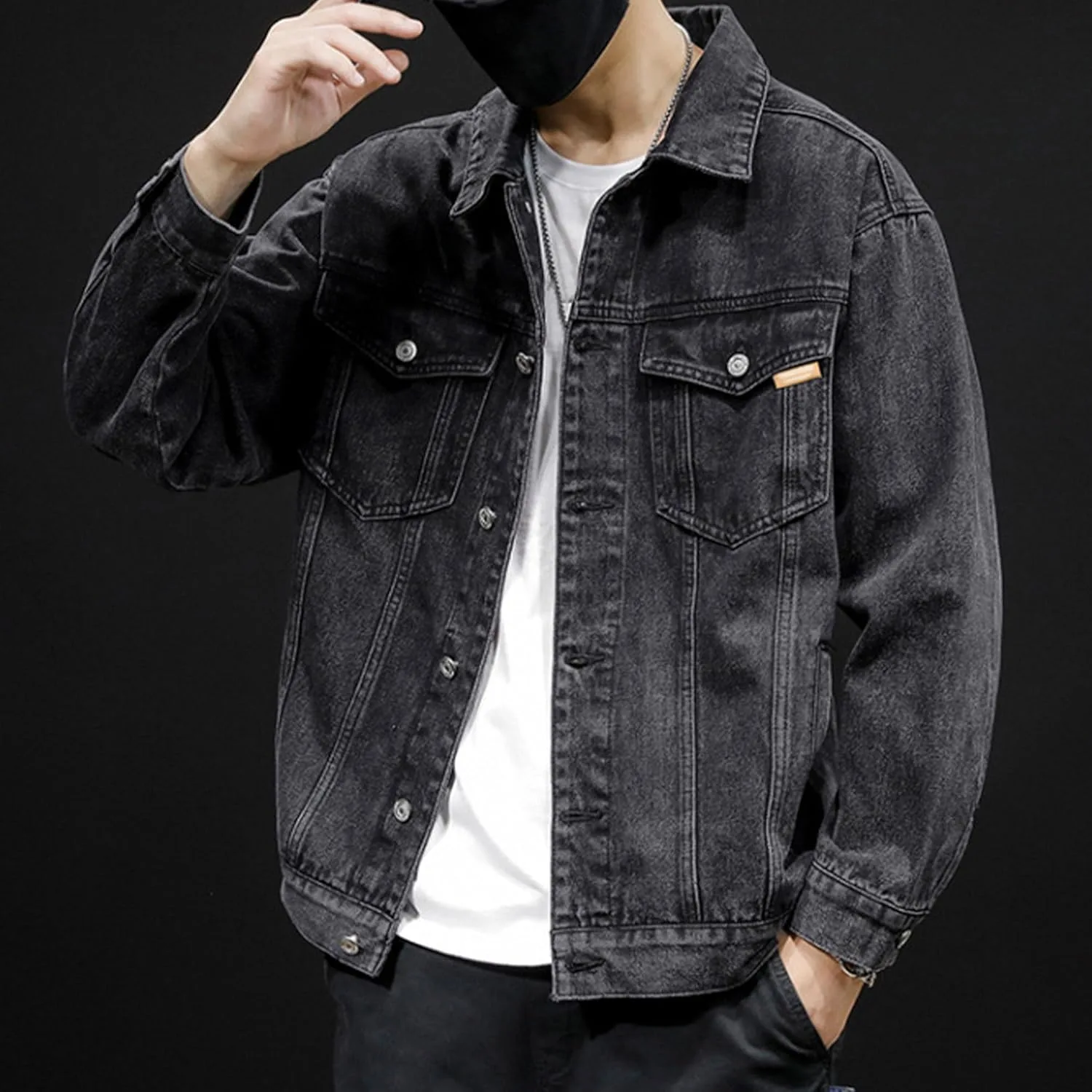 Джинсовая куртка для мужчин Slim Fit с потертостями, классический деним-тракер, стильная повседневная верхняя одежда Generic, черный — фото 4