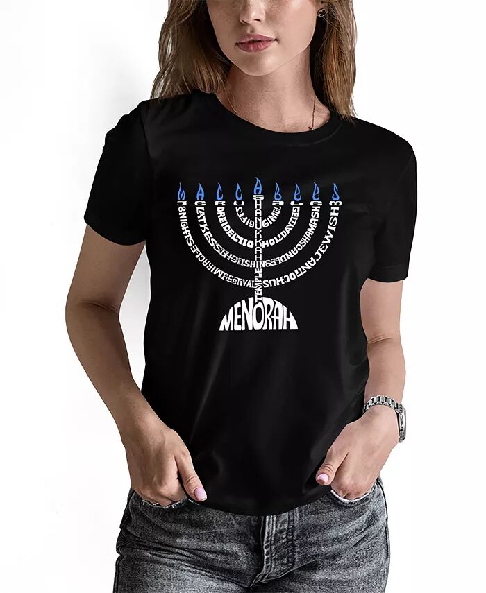 

Женская футболка с круглым вырезом и надписью «Menorah Word Art» LA Pop Art, черный