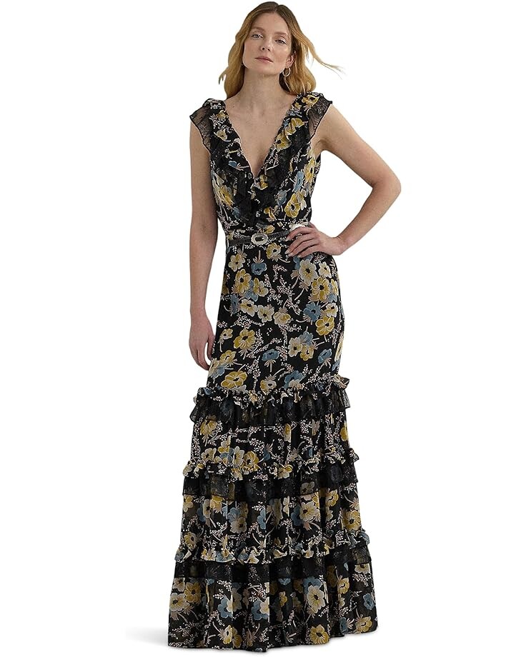 

Платье Lauren Ralph Lauren Floral Ruffle-Trim Georgette Gown, черный мульти